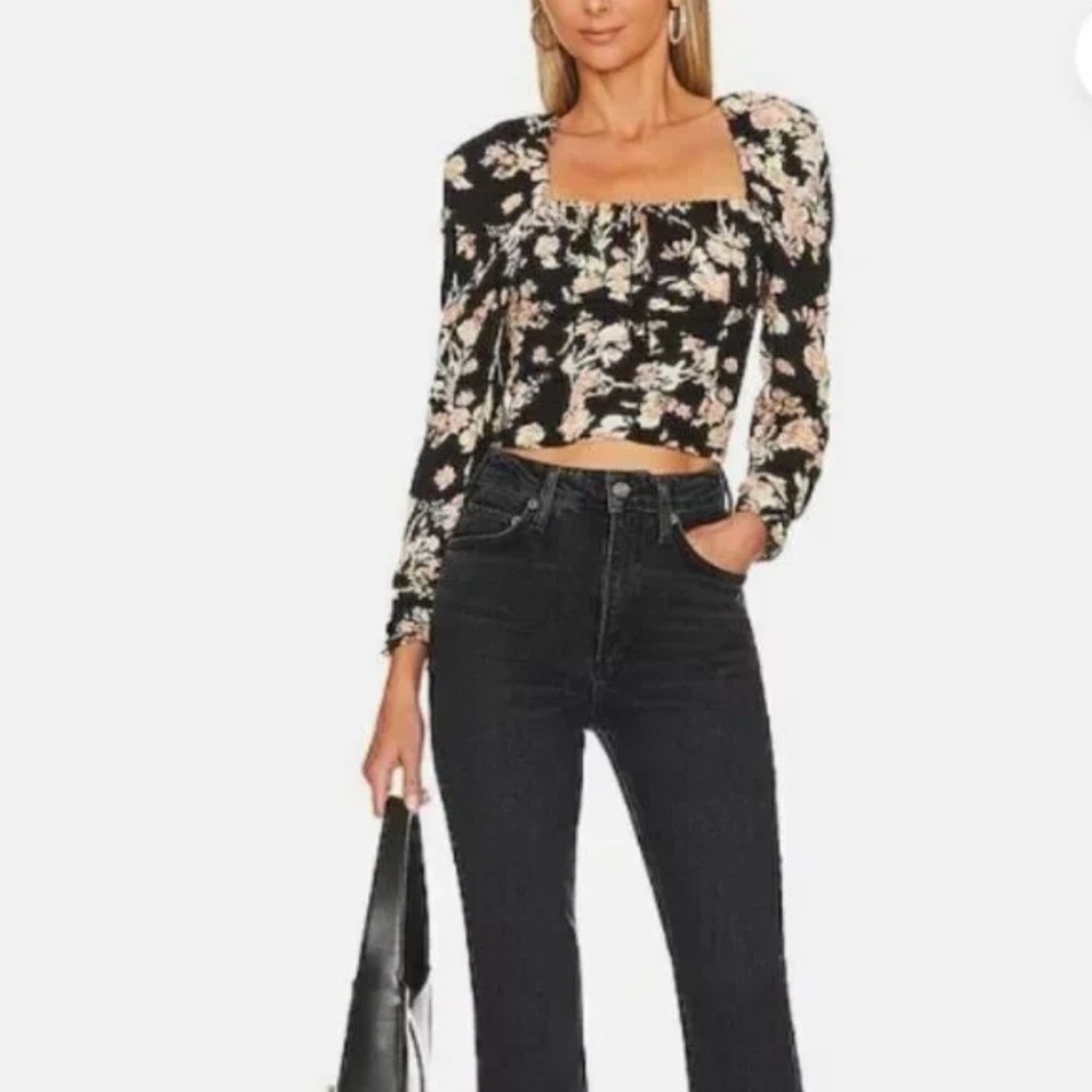 Free People NWT Blouse Black Floral Long Ruched Sleeve Hilary Top- Size Medium